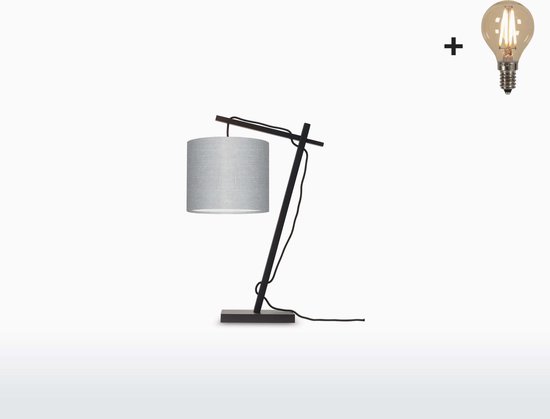Tafellamp – ANDES – Zwart Bamboe - Lichtgrijs Linnen - Met LED-lamp