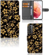 Telefoonhoesje Geschikt voor Samsung Galaxy S21 Bookcase Cadeau voor Oma Gouden Bloemen