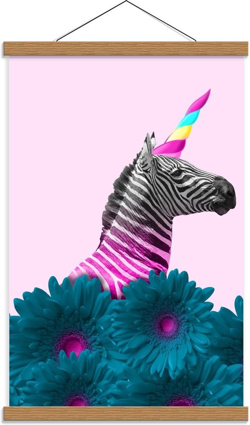 Schoolplaat – Zebra als Eenhoorn met Bloemen - 40x60cm Foto op Textielposter (Wanddecoratie op Schoolplaat)