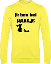 Sweater met opdruk “Ik ben het haasje”, Gele sweater met zwarte opdruk – Prima pasvorm en fijne kwaliteit – leuk voor Pasen