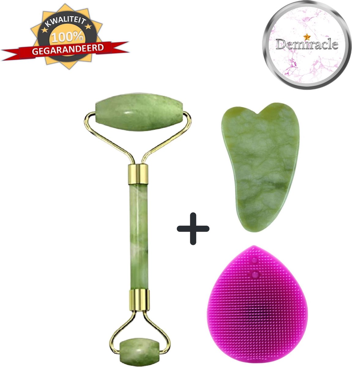 Demiracle Jade Face Roller met Gua Sha Schraper en Paarse Siliconen Gezichtsborstel - Gezichtsroller - Massage Roller - Jade Roller - Rimpelverwijdering - Ontspanning