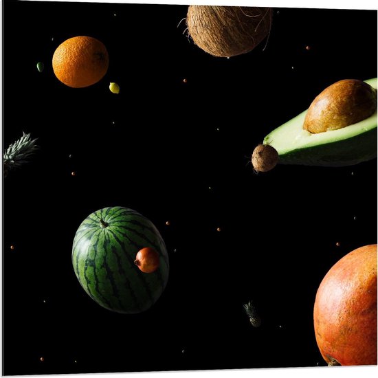 Dibond - Planeten in de Vorm van Fruit - 80x80cm Foto op Aluminium (Wanddecoratie van metaal)