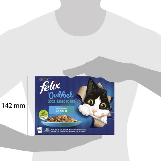 Felix Dubbel Zo Lekker Vis Selectie in Gelei, 142 mm breed. Een zwarte kat met witte vlekken steekt uit een kartonnen doos.
