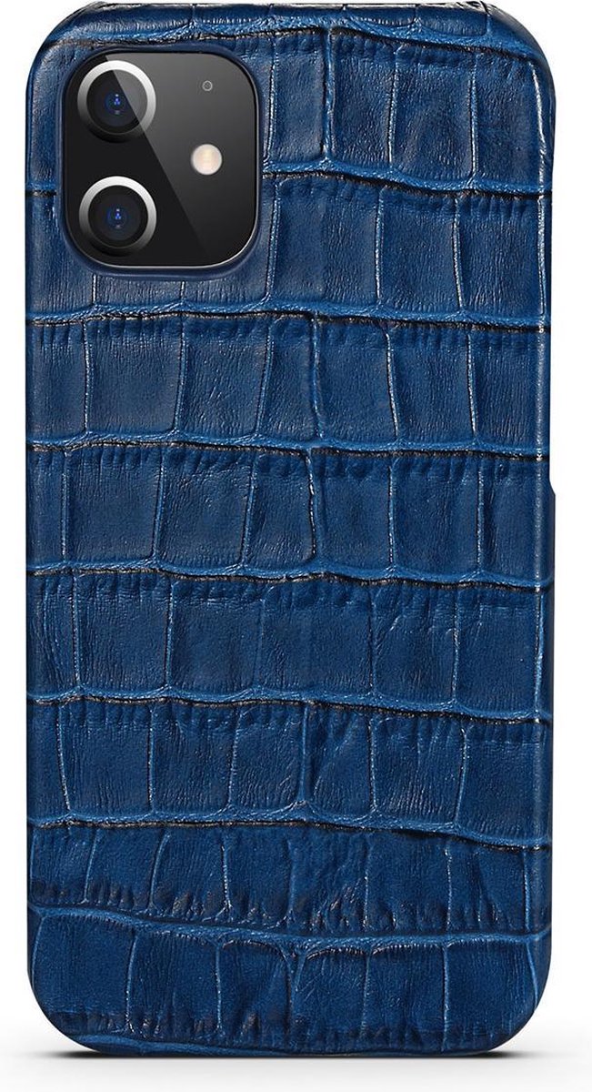 Bescherm Hoesje iPhone 12 Pro Max Donkerblauw Leer Met Kroko Print – Apple iPhone 12 Pro Max Hoesje Blauw Leer Met Kroko Print