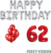 62 jaar Verjaardag Versiering Ballon Pakket Rood & Zilver