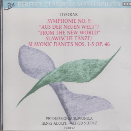 CD-hoes van Dvorak Symphonie nr. 9 met abstracte bladmotieven in grijs en groen op een witte achtergrond.
