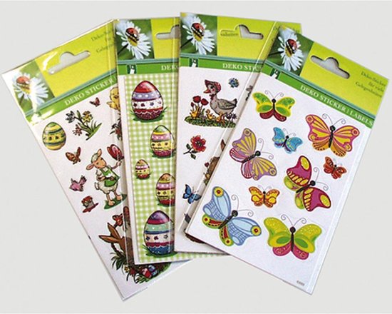 Decoratie stickers | 4 velletjes = 52 stuks | bloem, ei, eend, konijn, vlinder... | bol.com