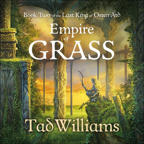 Boek 'Empire of Grass' van Tad Williams, met een boogschutter in een groen, verweerd landschap met een gouden zonsondergang.