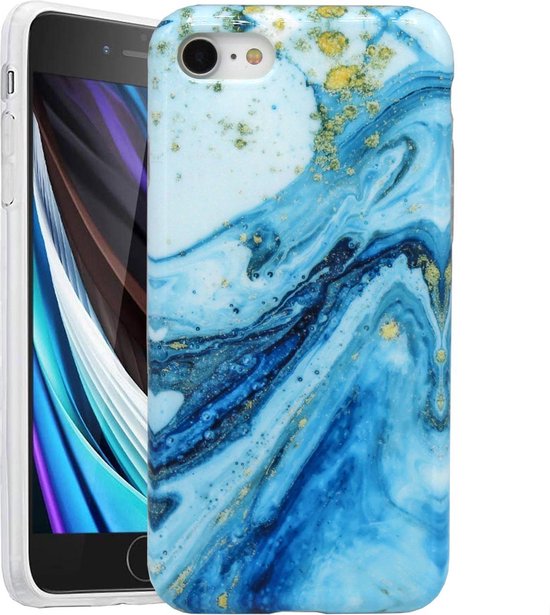 slaap Moedig aan kristal Marmer cover Wit x Blauw geschikt voor Apple iPhone 7 / 8 / SE 2020 / SE  2022 Hoesje | bol.com