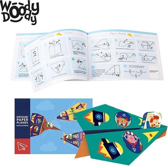 Thumbnail van een extra afbeelding van het spel Montessori Speelgoed Vliegtuigen Vouwen met Vliegveld Origami Papier 35 cm - Creatief Bouwen Mooie Vliegtuigen Vouwen met Stickers - WoodyDoody