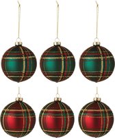 J-Line Kerstballen - fluweel & glas - geruit - rood & groen - doos van 6 stuks - kerstboomversiering