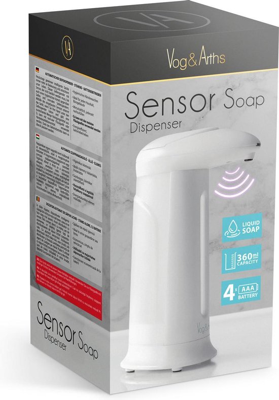 Vog&Arths - Automatische Zeepdispenser Sensor - 360 ml - Contactloos Zeepdispensers - Batterij Aangedreven - Navulbaar - Voor Keuken, Badkamer En Toilet - Hygiënische Handzeep Dispenser - Wit