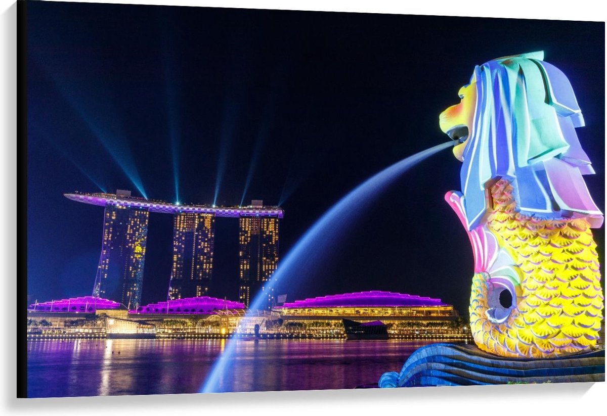 Canvas - Fontein in Merlion Park, Singapore - 120x80cm Foto op Canvas Schilderij (Wanddeco