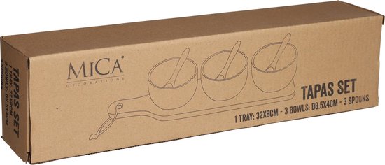 Mica Decorations - Luxe Tapas set - 3 Zwarte Tapas Schaaltjes - Houten Tapasplank met Lepels - Servies - Borrelplank - Mica Decorations