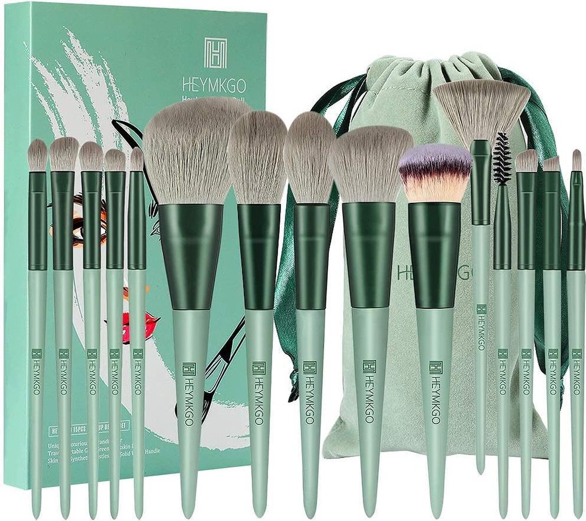 Make-upborstels 15 stks Premium synthetische haren Groene kleur Conische handgreep Kabuki Foundation-borstel Gezicht Lip Oogmake-up sets Professioneel met draagbare flanellen tas met trekkoord
