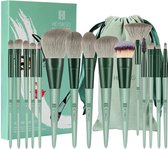 Make-upborstels 15 stks Premium synthetische haren Groene kleur Conische handgreep Kabuki Foundation-borstel Gezicht Lip Oogmake-up sets Professioneel met draagbare flanellen tas m