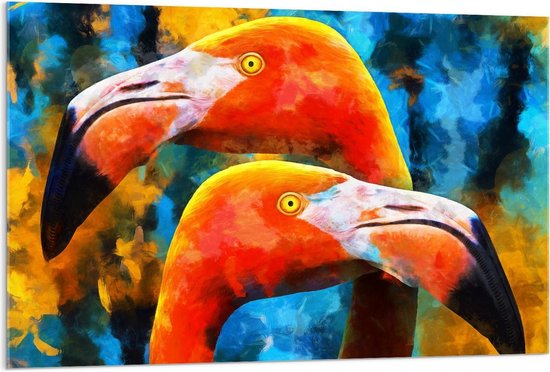 Acrylglas - Twee Flamingo's op Blauw/Gele gevlekte Achtergrond - 120x80cm Foto op Acrylglas (Wanddecoratie op Acrylglas)