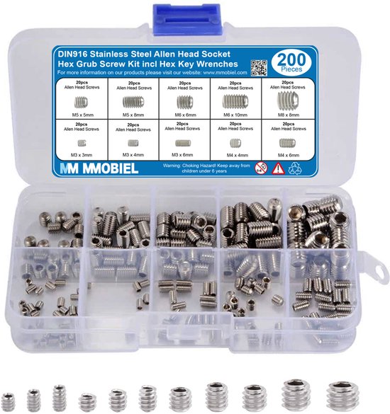 MMOBIEL 200 st. DIN916 Roestvrij stalen M3 M4 M5 M6 M8 Inbussleutel schroeven set