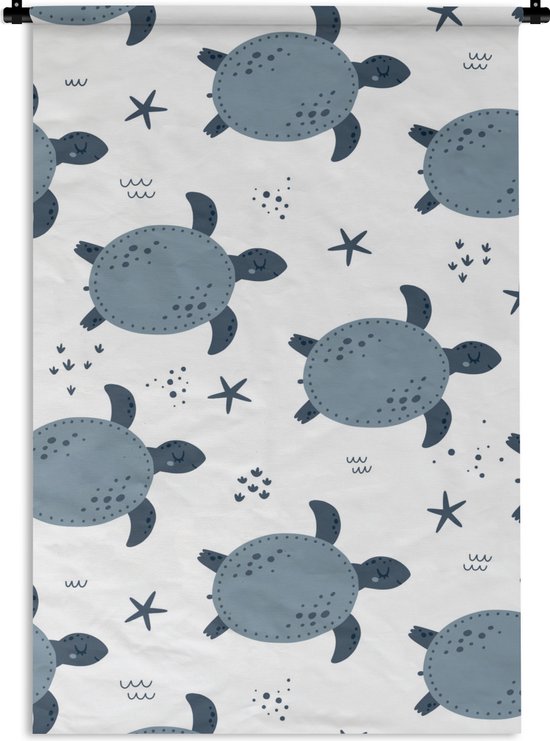 Wandkleed Kinderkamer Patroon - Kinderpatroon met zwemmende blauwe schildpadden Wandkleed katoen 90x135 cm - Wandtapijt met foto