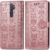 Voor OPPO A5 (2020) / A9 (2020) Leuke kat en hond in reliÃ«f gemaakte horizontale lederen flip-hoes met houder & kaartsleuven & portemonnee & cartoonsluiting & lanyard (rosÃ©goud)