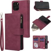 Voor iPhone 12 6.7 Multifunctionele Retro Frosted Horizontale Flip Leren Case met Kaartsleuf & Houder & Rits Portemonnee & Fotolijst & Lanyard (Rode Wijn)