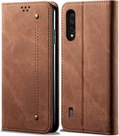 Voor xiaomi mi cc9e / mi a3 denim textuur casual stijl horizontale flip lederen tas met houder en kaartsleuven en portemonnee (bruin)