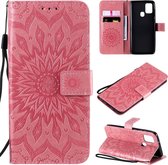 Voor Samsung Galaxy A21s reliÃ«f zonnebloem patroon horizontale flip pu lederen tas met houder & kaartsleuven & portemonnee & lanyard (roze)