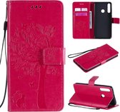 Voor Huawei Y6p Tree & Cat reliÃ«fpatroon Horizontale flip lederen tas met houder & kaartsleuven & portemonnee en lanyard (rose rood)