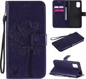Voor Samsung Galaxy A71 5G Tree & Cat reliÃ«fpatroon Horizontale flip lederen tas met houder & kaartsleuven & portemonnee en lanyard (paars)