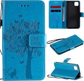 Voor Huawei Y5p Tree & Cat reliÃ«fpatroon horizontale flip lederen tas met houder & kaartsleuven & portemonnee & lanyard (blauw)