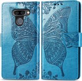 Butterfly Love Flowers reliÃ«f horizontale flip lederen case voor LG K50, met houder & kaartsleuven & portemonnee & lanyard (blauw)