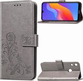 Lucky Clover geperst bloemenpatroon lederen tas voor Huawei Honor 8A, met houder en kaartsleuven en portemonnee en draagriem (grijs)