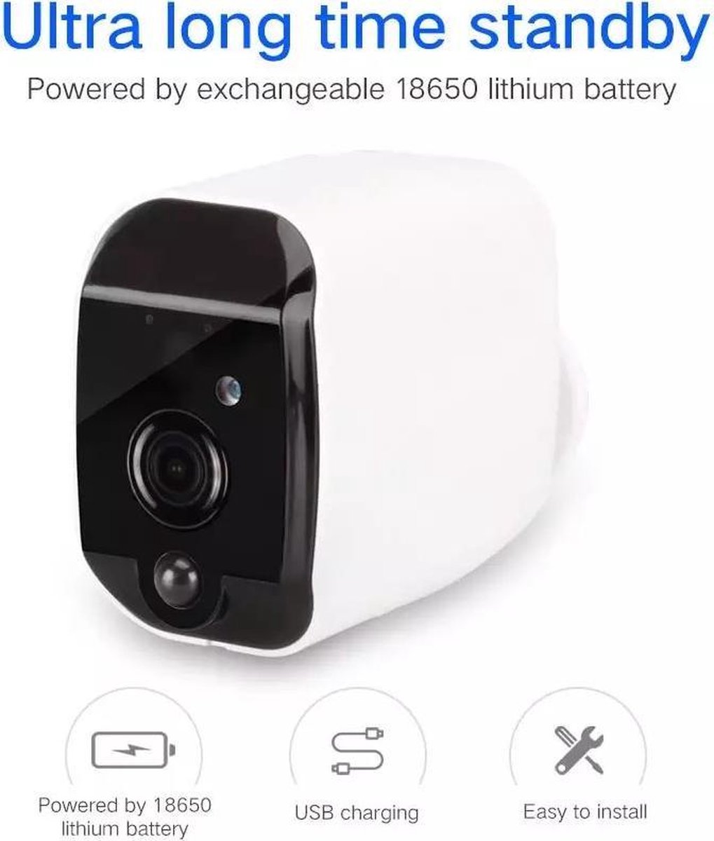 DrPhone IC-T1 – Video IP Camera CMOS 1080P Full HD – Batterijen - Binnen / Buiten - Wireless WiFi – App: Ubox – Beveiligingscamera - Wit – foto 3