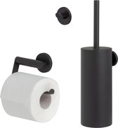 Tiger Noon - Ensemble d'accessoires de toilettes - Brosse WC avec support - Porte-rouleau papier toilette sans rabat - Crochet porte-serviette - Noir