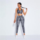Dames Sportlegging - elastische naadloze 2-delige trainingssets High Waist - Fitness - Yoga - Wit/Zwart print - Maat M