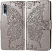 Butterfly Love Flowers Embossing Horizontale Flip Leather Case voor Galaxy A50, met houder & kaartsleuven & portemonnee & lanyard (grijs)