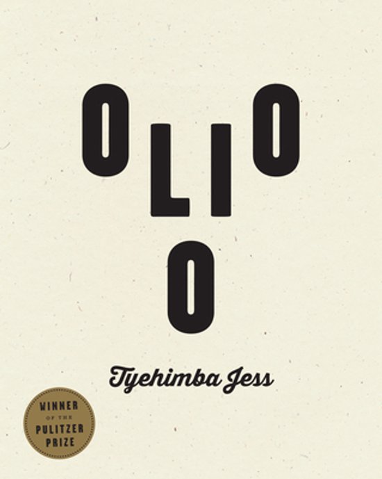 Couverture du livre avec le titre "Olio" en grandes lettres noires et "Tyehimba Jess" en dessous. Un sceau circulaire "Winner of the Pulitzer Prize" en bas à gauche.