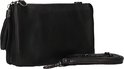 Zwarte leren clutch met polsband en franjes, losse schouderband ernaast