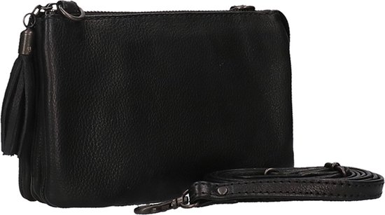 Zwarte leren clutch met polsband en franjes, losse schouderband ernaast