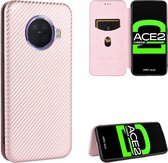 Voor OPPO Ace2 koolstofvezel textuur magnetische horizontale flip TPU + pc + PU lederen tas met kaartsleuf (roze)