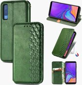Voor Samsung Galaxy A7 (2018) Cubic Grid Pressed Horizontal Flip Magnetic Leather Case met houder & kaartsleuven & portemonnee (groen)