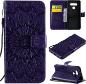 Voor LG K51 Geperst Afdrukken Zonnebloem Patroon Horizontale Flip PU Lederen Case Houder & Kaartsleuven & Portemonnee & Lanyard (Paars)