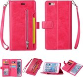 Voor iPhone 6 Plus & 6s Plus Multifunctionele Rits Horizontale Flip Leren Case met Houder & Portemonnee & 9 Kaartsleuven & Lanyard (Rose Rood)
