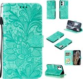Voor iPhone 12 5.4 Lace Flower horizontale flip lederen tas met houder & kaartsleuven & portemonnee & fotolijst (groen)