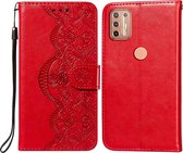 Voor Motorola Moto G9 Plus Flower Vine Embossing Pattern Horizontale Flip Leather Case met Card Slot & Holder & Wallet & Lanyard (Red)