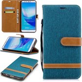 Leren hoesje in bijpassende denimtextuur voor Huawei Y9 2018 & Enjoy 8 Plus, met houder & kaartsleuven & portemonnee & lanyard (groen)