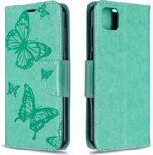 Voor Huawei Y5P / Honor 9S Twee Vlinders Embossing Patroon Horizontale Flip Leren Case met Houder & Kaartsleuf & Portemonnee & Lanyard (Groen)