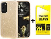HB Hoesje Geschikt voor Samsung Galaxy A12 Goud - Glitter Back Cover & Glazen Screenprotector