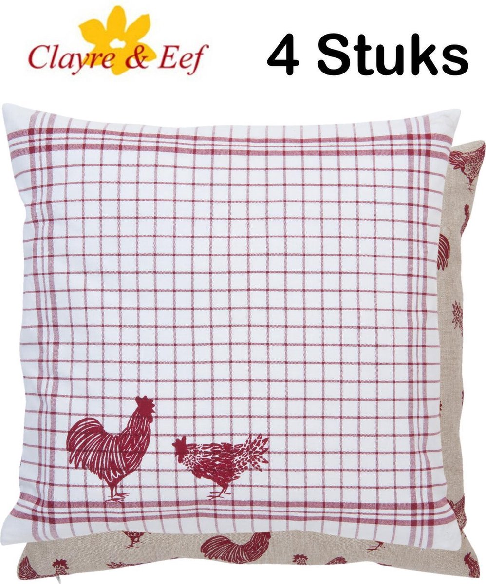 Clayre & Eef Kussenhoes - 40 x 40 cm - Landelijk - geruit - Kippen & Hanen - Country Side Chicken - 4 Stuks Rood