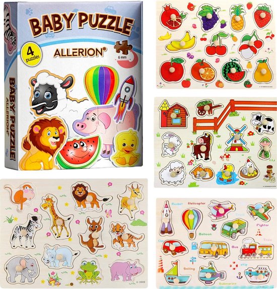 Allerion Houten Puzzel Set - 4 stuks – Legpuzzels – Vanaf 1 jaar - STEM Speelgoed - Voertuigen - Boerderij - Dierentuin – Fruit